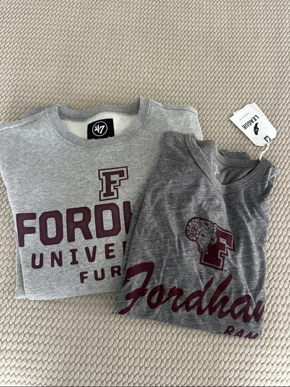 BNWT 47 Fordham University Gray Sweatshirt and tee shirt with Maroon Logo